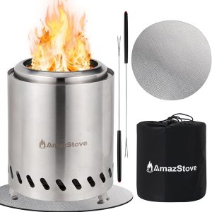 9.7 x 7.1 Inch Tabletop Fire Pit by AmazStove, Low Smoke Camping Stove for Outdoor Safe Burning Firepits, Fueled Pellets or Wood, Travel Bag Included (Silver, 9.7 x 7.1 INCH)