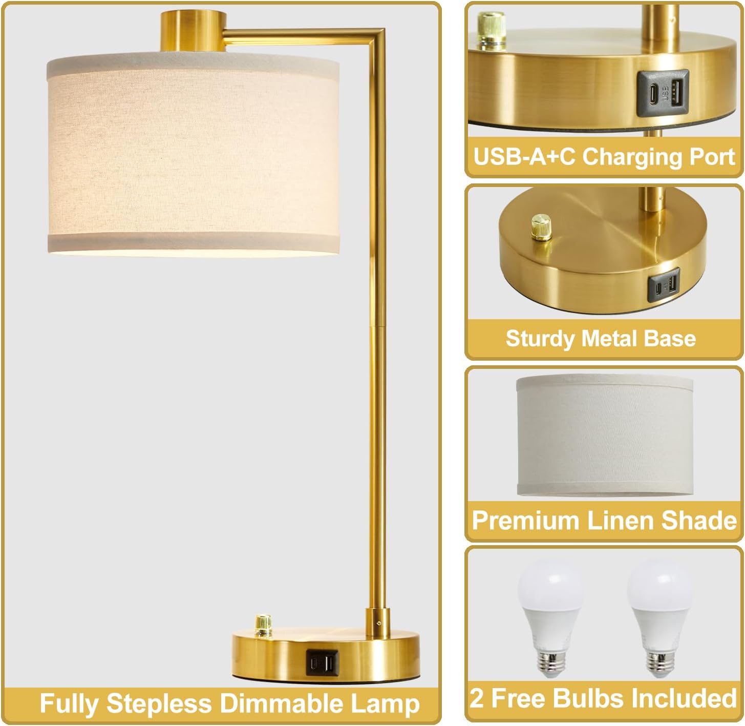 Luvkczc Table Lamp for Bedroom Set of 2 with USB C+A Ports, Fully Stepless Dimmable Bedside Lamp with Linen Lampshade, Nightstand Lamp for Living Room Reading Office, 2 LED Bulbs Included (Gold) - Image 2