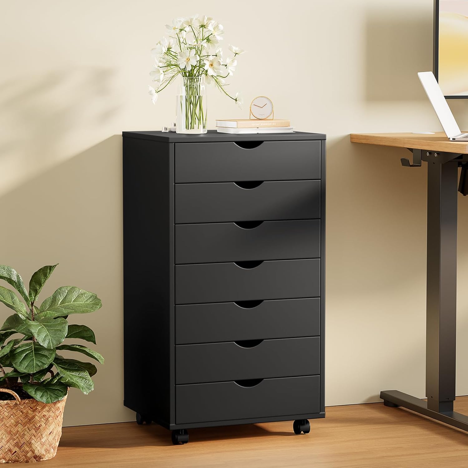 Sweetcrispy 7 Drawer Chest Mobile Storage Cabinets Wooden Dresser with Wheels Room Organization Furniture for Office Home, Black Wood - Image 2