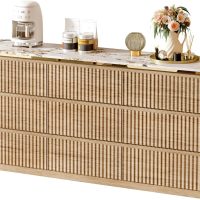 Fluted Dresser for Bedroom with 9 Drawers,62.99" Modern Chest of Drawers with Faux Marble Top, Curved Profile Design,Dresser TV Stand, Wood Drawer Organizer for Living Room, Hallway, Wood - Image 8
