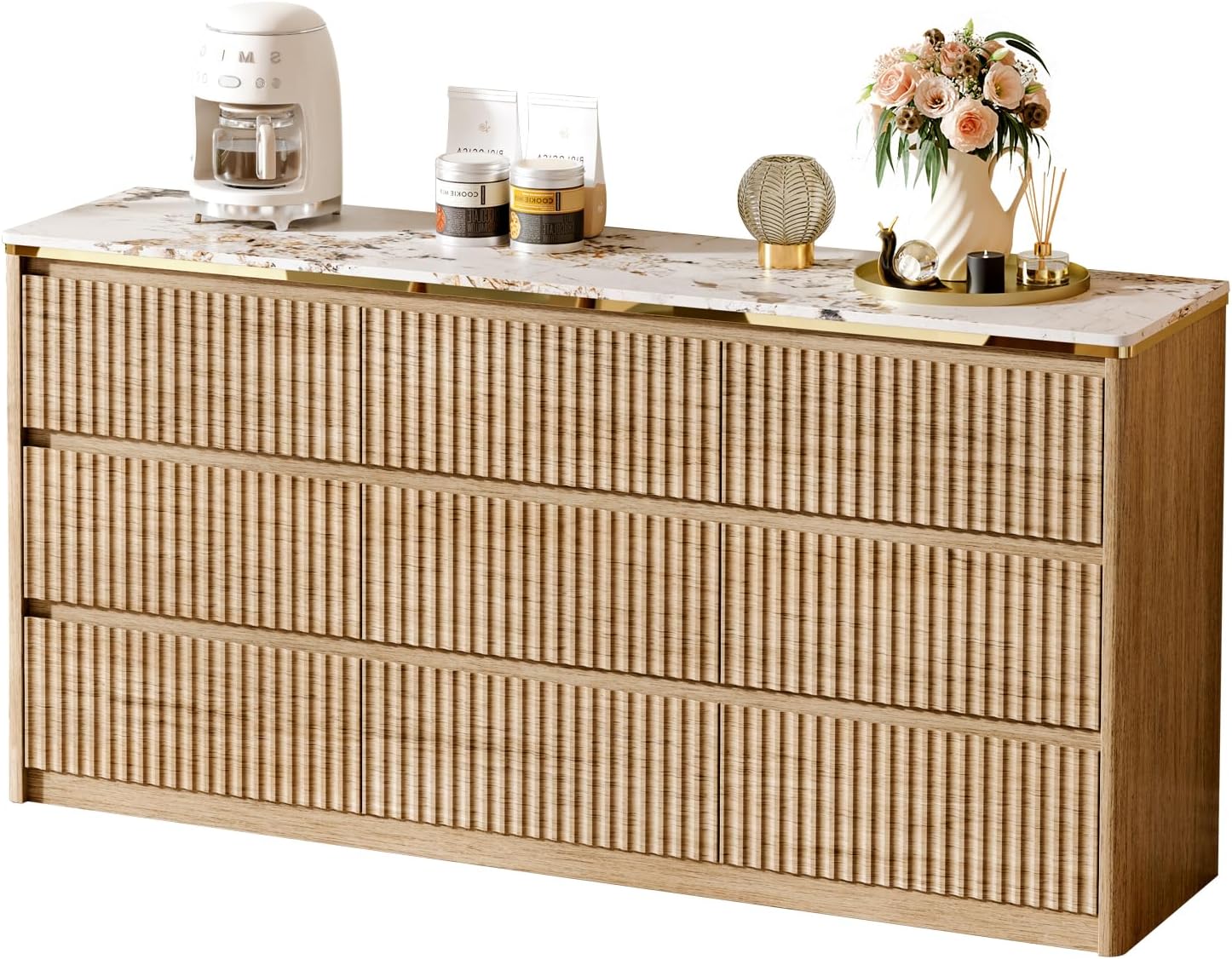 Fluted Dresser for Bedroom with 9 Drawers,62.99" Modern Chest of Drawers with Faux Marble Top, Curved Profile Design,Dresser TV Stand, Wood Drawer Organizer for Living Room, Hallway, Wood - Image 8