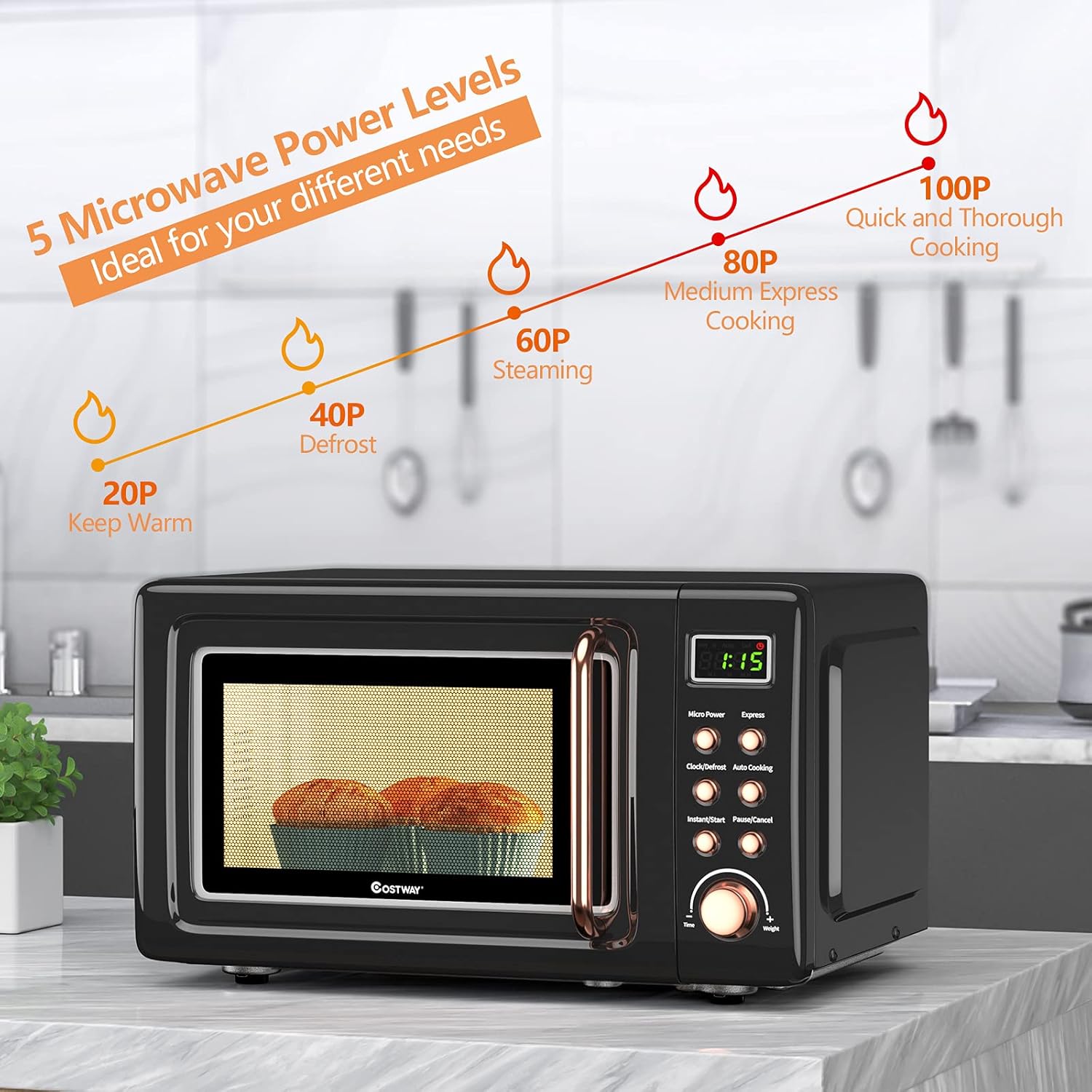 COSTWAY Retro Countertop Microwave Oven, 0.7Cu.ft, 700-Watt, High Energy Efficiency, 5 Micro Power, Delayed Start Function, with Glass Turntable & Viewing Window, LED Display, Child Lock (Gold) - Image 4