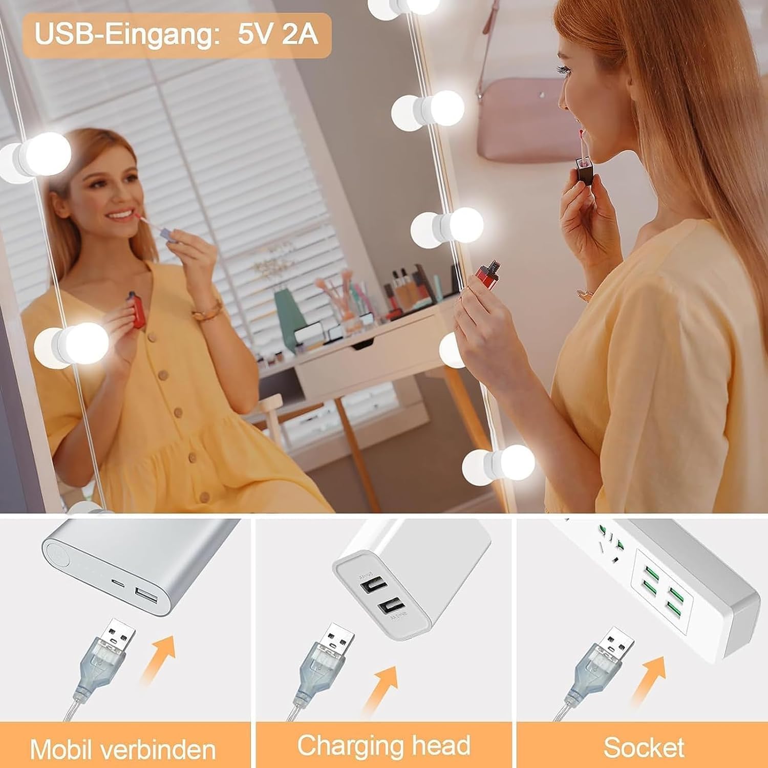 LED Vanity Mirror Lights, Hollywood Style With 14 Dimmable Bulbs, Adjustable Color & Brightness, USB Cable, Stick-on for Makeup Table Dressing Room - Image 6