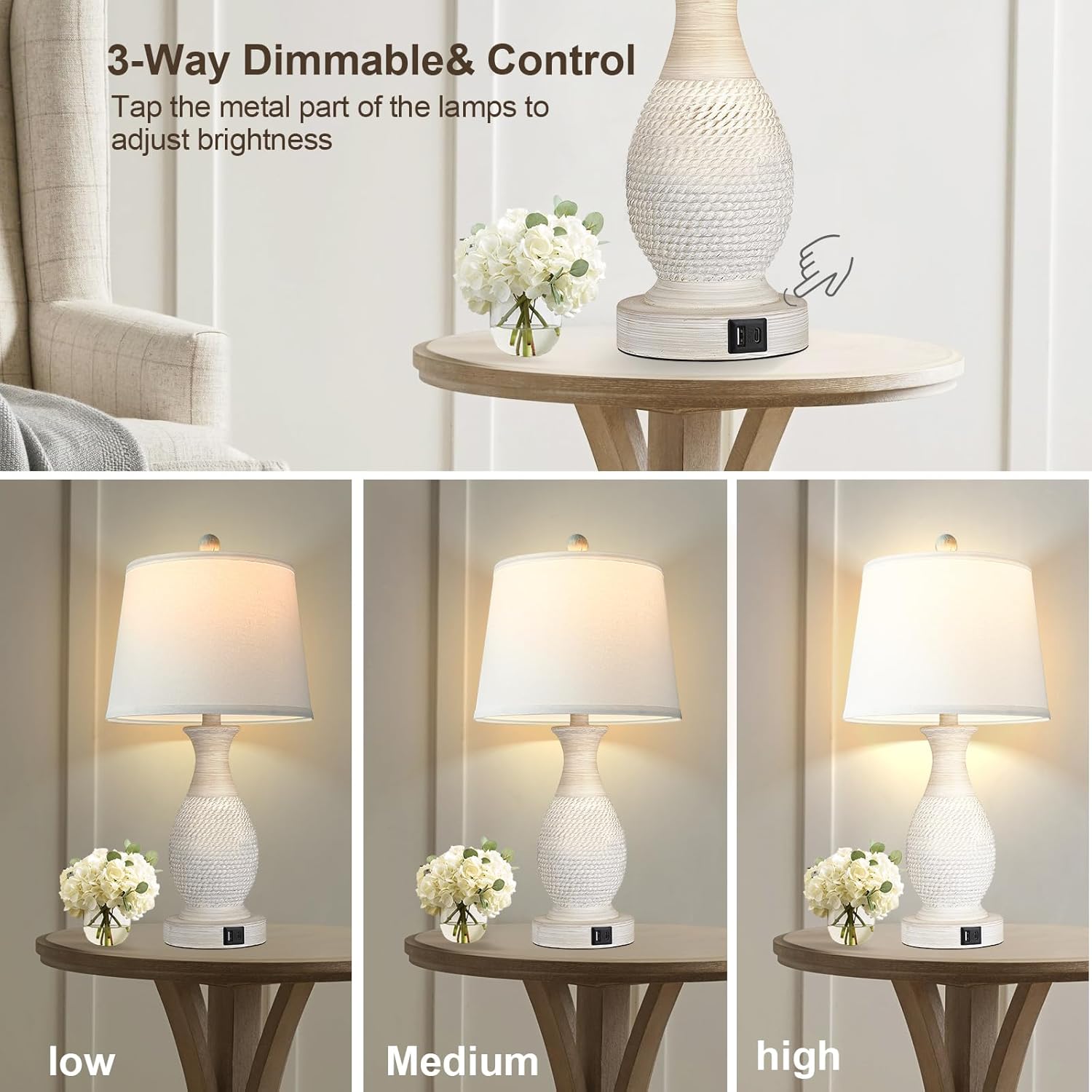 PARTPHONER Table Lamps Set of 2, Bedside Touch Lamp with USB C+A Charging Ports, Side Table Lamp with White Fabric Shade (LED Bulbs Included) - Image 3