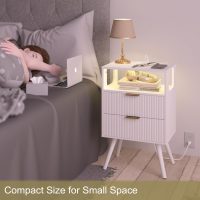 White Nightstand with Charging Station and LED Lights,Modern Bedside Table with 2 Storage Drawer and Open Wood Shelf, for Bedroom and Small Spaces,Night Stand with Solid Wood Legs,White - Image 4