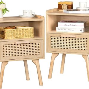 Lerliuo Rattan Nightstands Set of 2, Boho Side Table with Drawer Open Shelf, Cane Accent Bedside End Table with Solid Wood Legs for Bedroom, Dorm and Small Spaces (Natural)