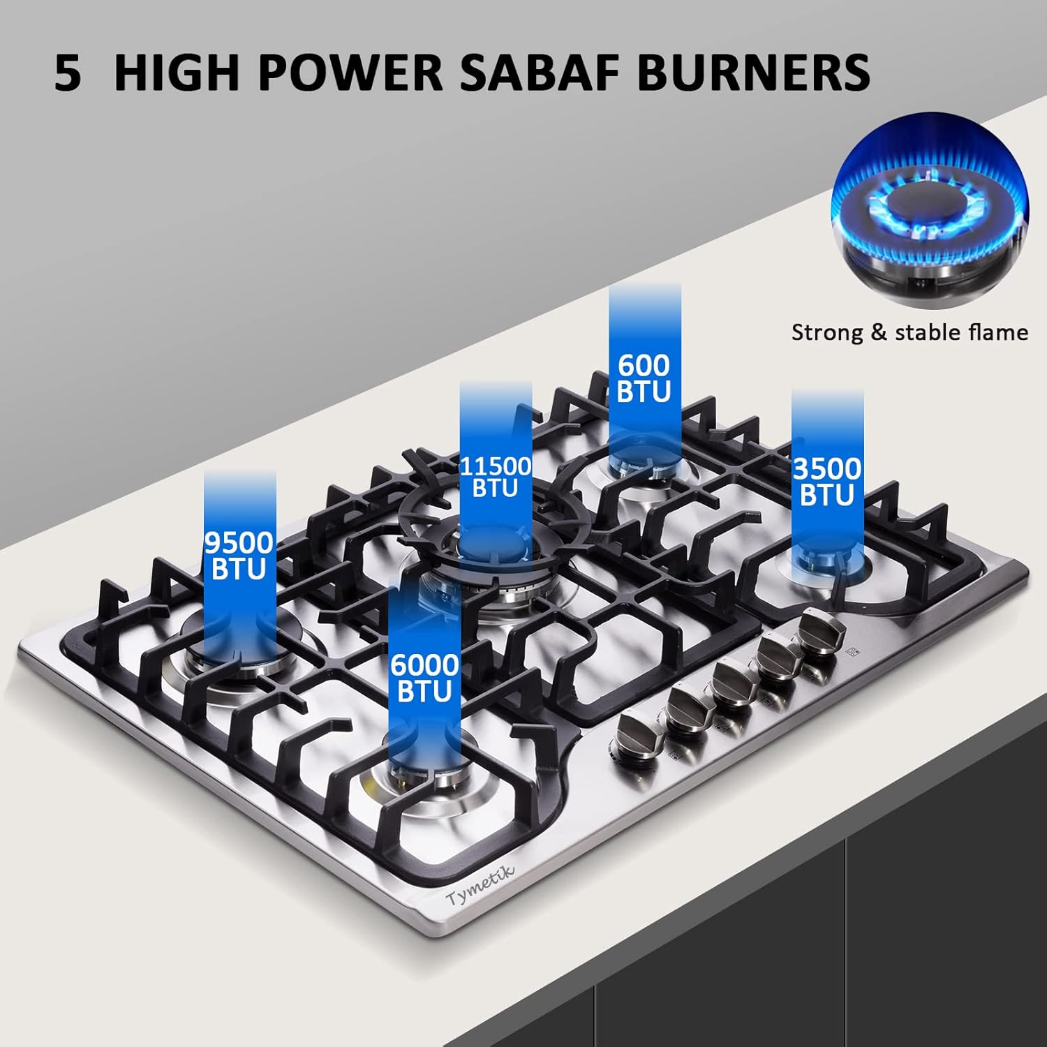 30 Inch Gas Cooktop, 5 High Efficiency Burners Gas Stovetop Built-in Stainless Steel Gas Stove Propane/Natural Gas Convertible Gas Hob - Image 2