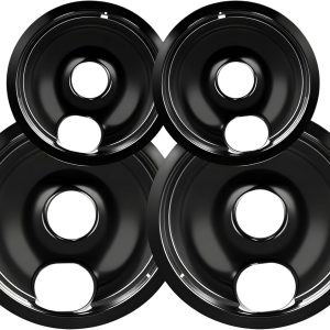 Electric Stove Drip Pans, Replacement Chrome Drip Pans for Electric Stove Compatible with Most Plug-in Electric Ranges include Black 2 * 6in and 2 * 8in (Set of 4 Burner Drip Pan)