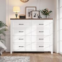8 Drawer Dresser for Bedroom with Deep Drawers, Large Wooden Double Farmhouse Dresser Chest of Drawers for Living Room, Hallway, Entrywa — White & Brown - Image 3