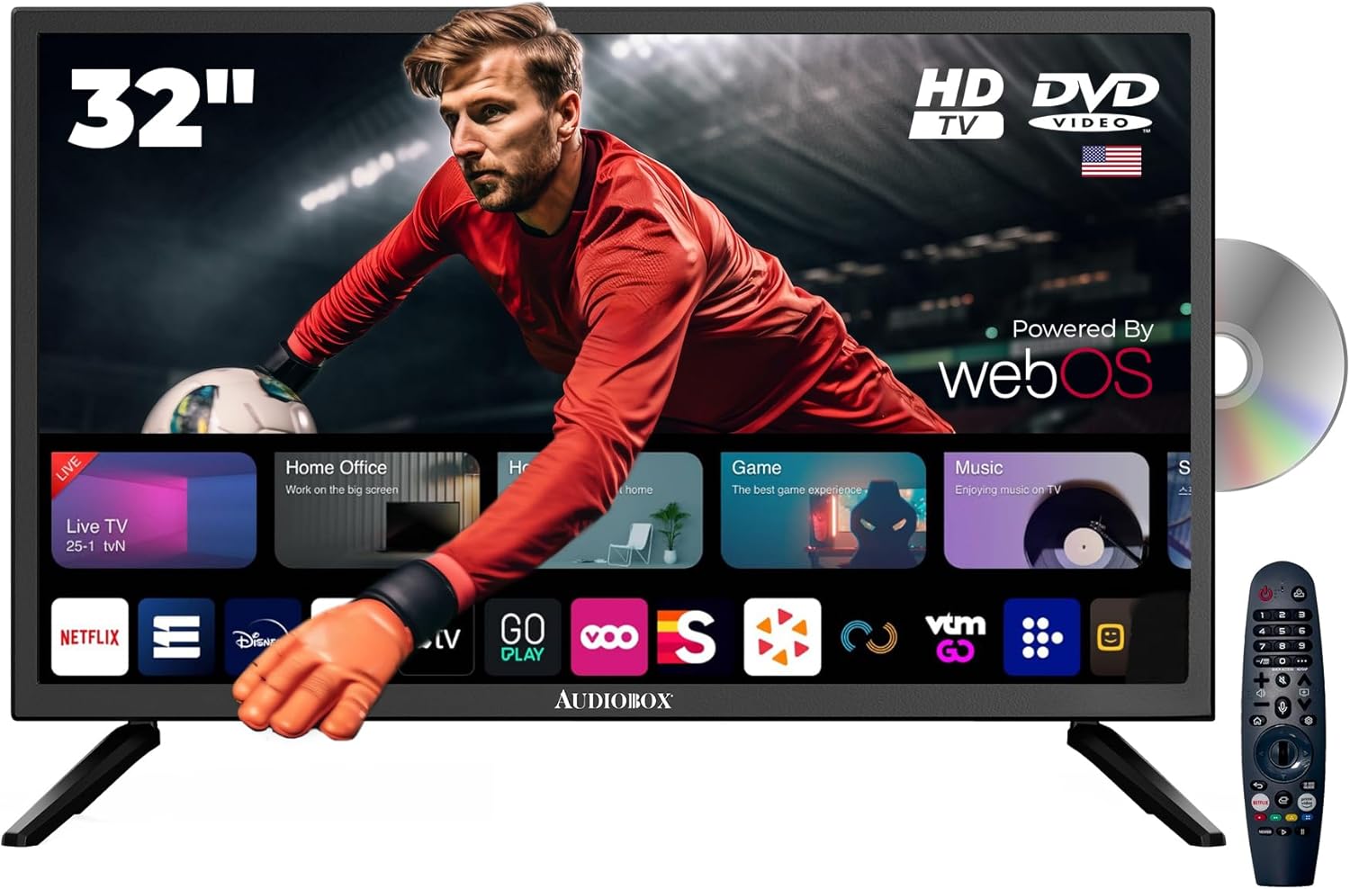 Audiobox 32-Inch Smart TV with Built-in DVD Player, Bluetooth Remote Control, HD LED, 12V AC/DC Compatible - Perfect for RVs, Movies, Gaming, Travel & Home Entertainment, HDMI & USB Ports