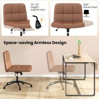 Giantex Criss Cross Chair with Wheels, PU Leather Cross Legged Office Chair, Height-Adjustable Swivel Vanity Chair with U-Shaped Seat, Armless Wide Desk Chair for Home, Office, Make Up, Brown - Image 6