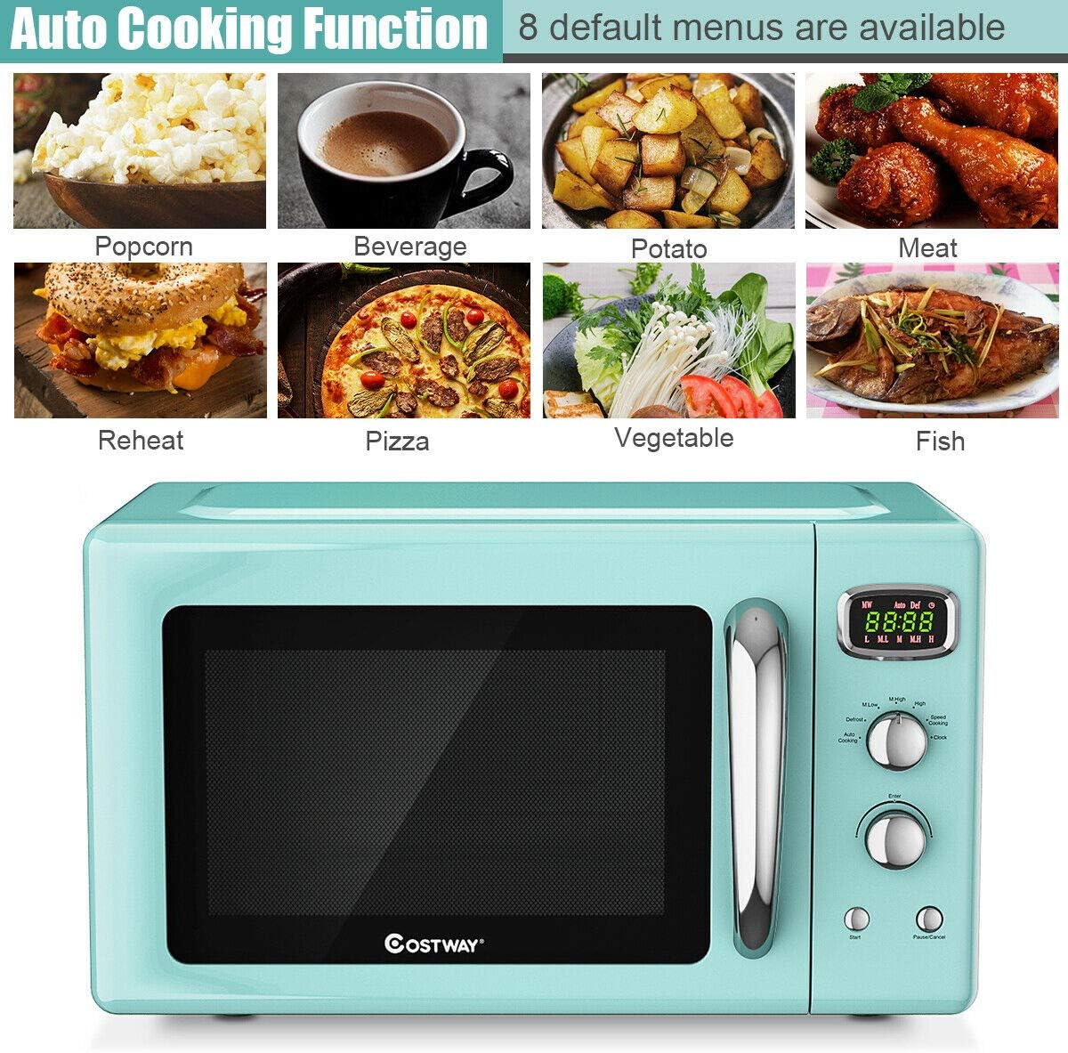 COSTWAY Retro Countertop Microwave Oven, 0.9Cu.ft, 900W Microwave Oven, with 5 Micro Power, Defrost & Auto Cooking Function, LED Display, Glass Turntable and Viewing Window, Child Lock - Image 4