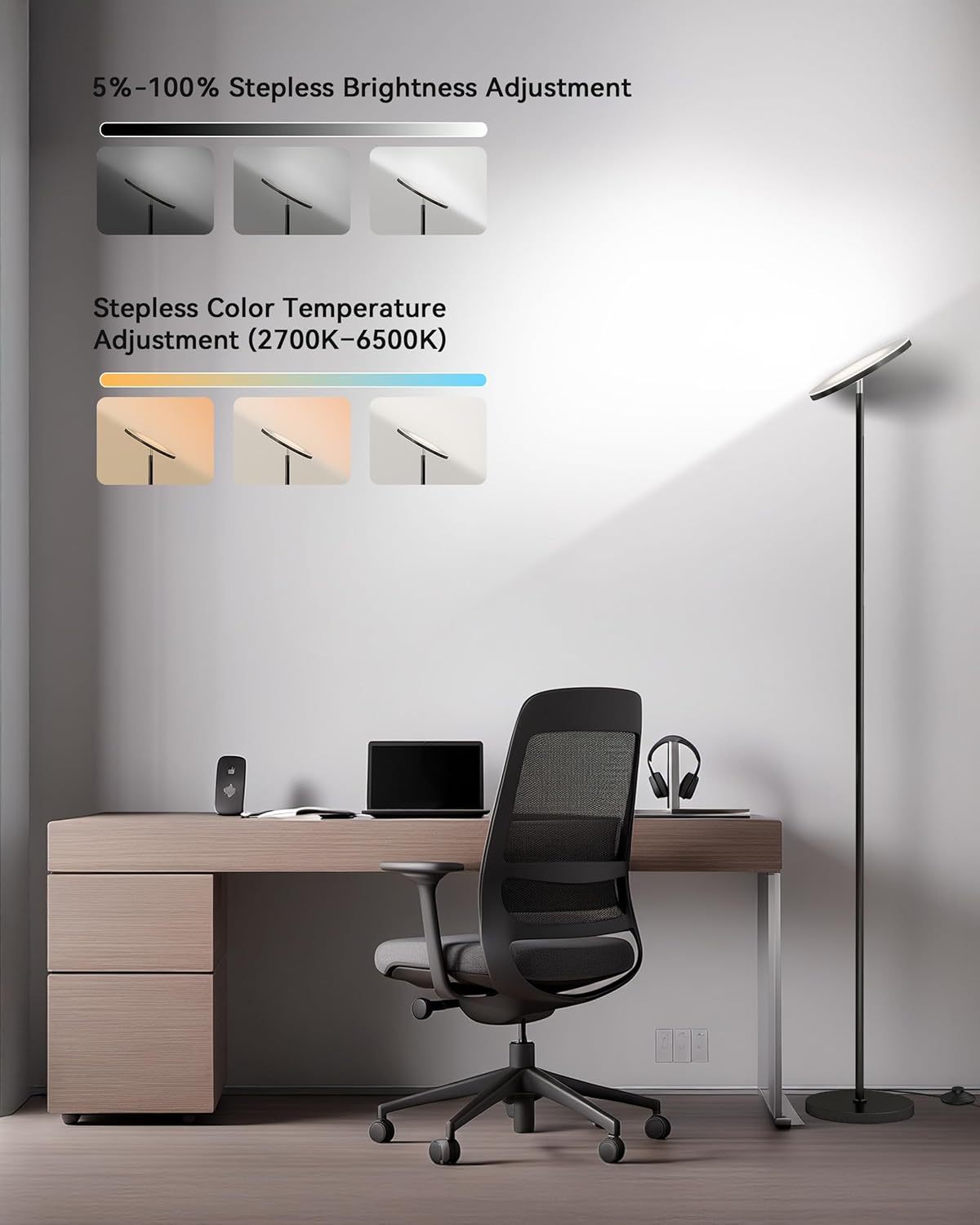 JOOFO LED Floor Lamp – Super Bright Torchiere with Remote & Foot Switch, Stepless Dimmable Tall Standing Lamp, 69" Modern Pole Light for Corner, Living Room, Bedroom, Reading, Office - Image 2