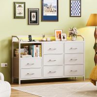 KKL White Dresser for Bedroom with Light Strip & Power Outlet — 8 Drawers Dressers & Chest of Drawers with Shelf, Wood Top, Metal Frame, Wide Dressers for Girls Bedroom, Living Room, Hallway, Closet - Image 3