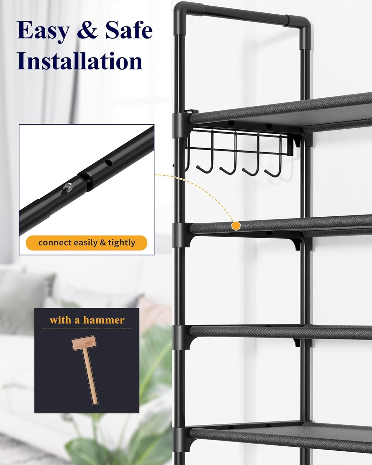 Kitsure Shoe Rack for Closet - 10-Tier Shoe Organizer with Hook Rack, Large-Capacity & Space-Saving Shoe Shelf for Entryway, Bedroom, Living Room,32.2" x 11.8" x 68.5", Black - Image 7