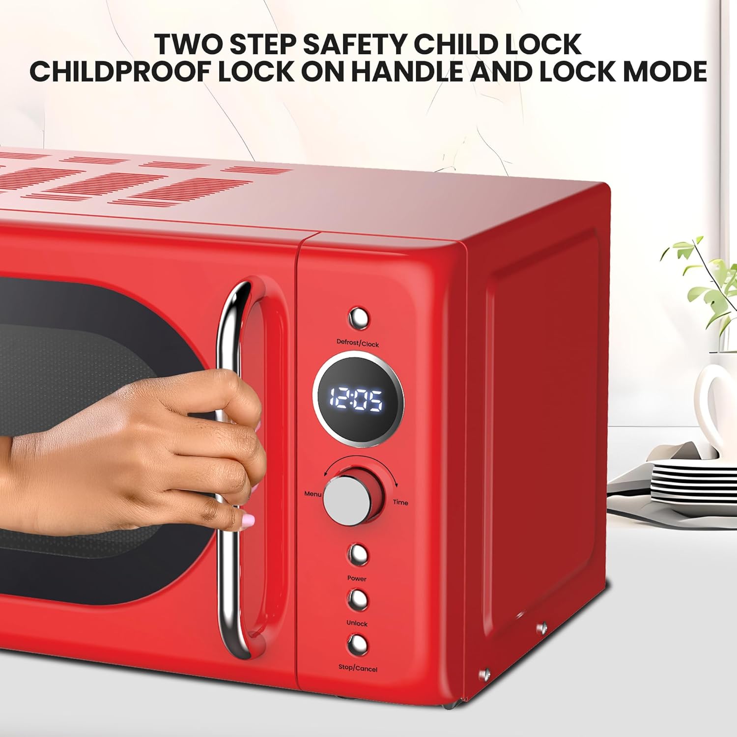 Total Chef Retro Microwave Oven | 20L / 0.7 Cu Ft | Quick Start & Defrost By Weight/Time | 8 Pre-set Cooking Modes For Coffee, Rice, Pasta, Potato, Reheat, Fish, Pizza, Popcorn | 700W | Red - Image 5