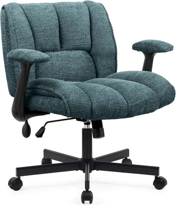 Criss Cross Legged Office Chair with Flip-Up Arms and Wheels, Wide Seat Desk Chair with Built-In Dynamic Airbag Lumbar Support, Modern Cross-Leg Chair for Home Office, Apartment, Vanity, Dark Green