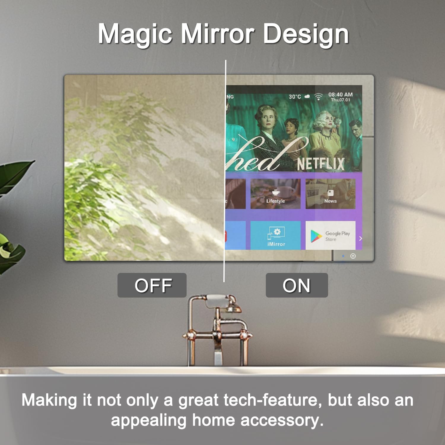 Haocrown 32" 4K Ultra HD Smart Bathroom Mirror TV, IP66 Waterproof, Android 13 System with Voice Remote for Google Assistant ATSC Tuner, 500 cd/㎡ High Brightness (Black Frame, 2025 Model) - Image 3