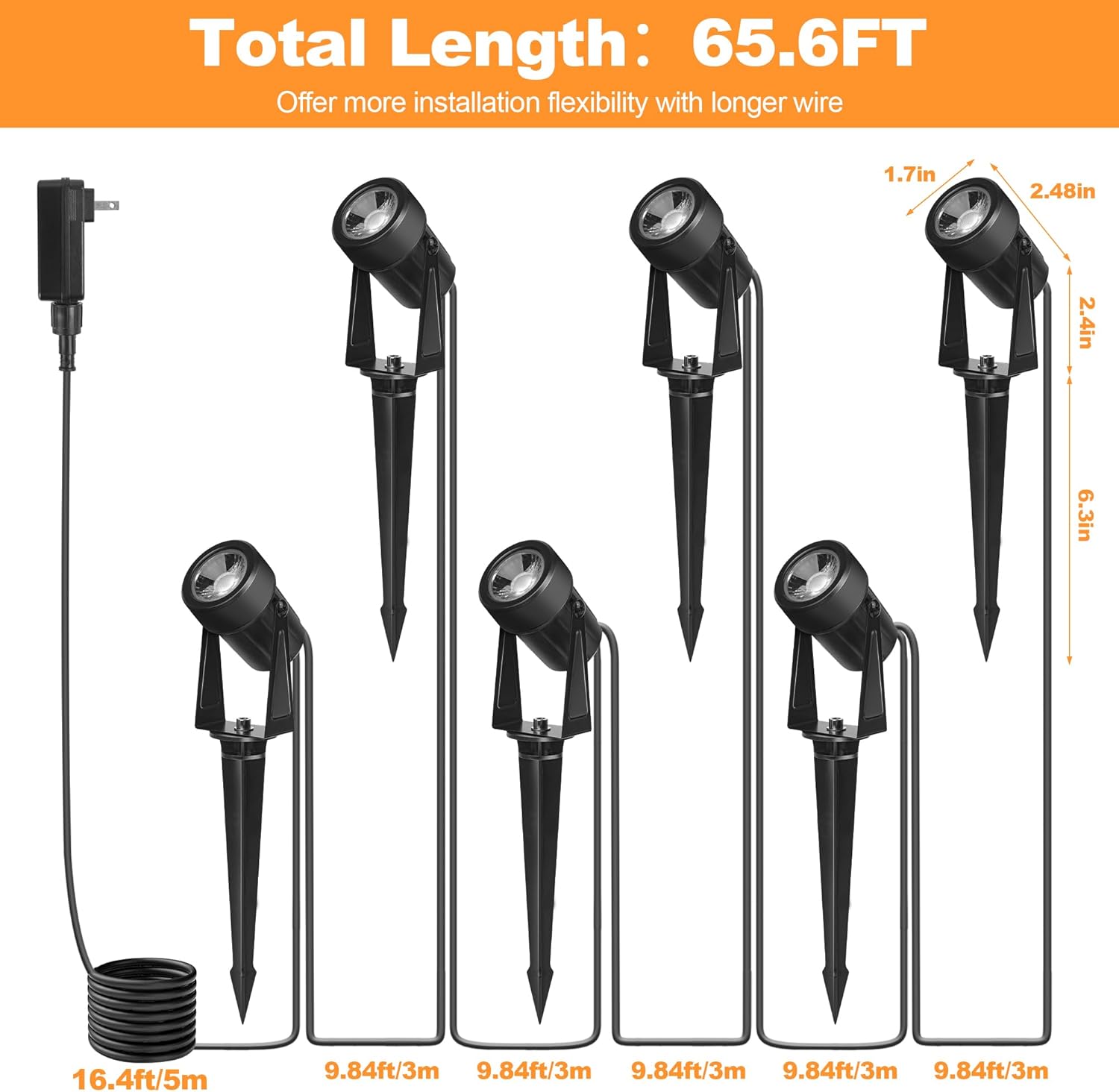 Outdoor Landscape lighting Low Voltage, 65.6FT Wired LED Spot light with Plug-in Transformer, IP65 Waterproof Outside Uplight 18W 1800LM for Yard Garden Tree Pathway House, Warm White 3000K, Pack of 6 - Image 7