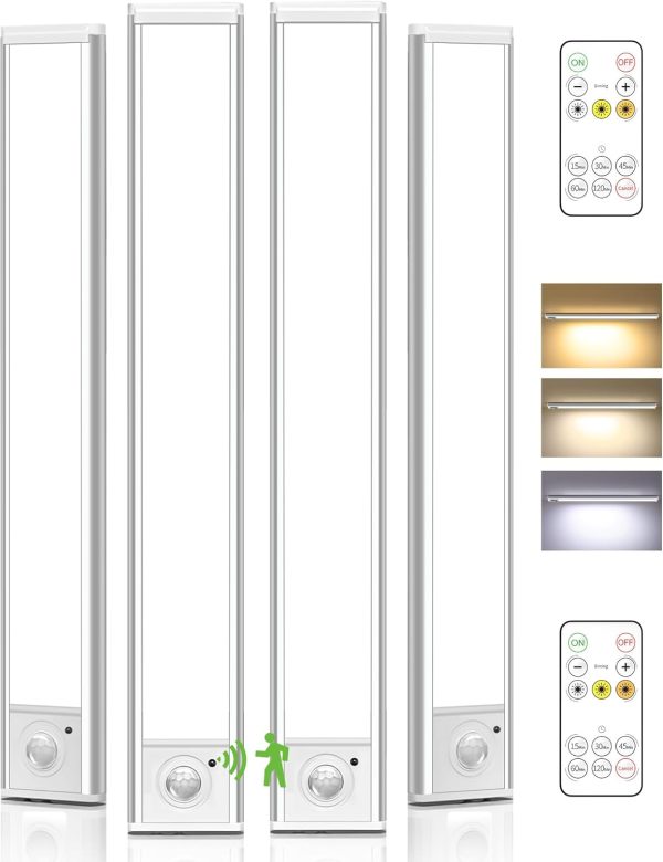 4-Pack Under Cabinet Lighting Wireless,LED Rechargeable Motion Sensor Light Indoor Battery Operated,3 Color Temps&Dimmable Closet Lights with Remote,Under Counter Lights for Kitchen Stairs