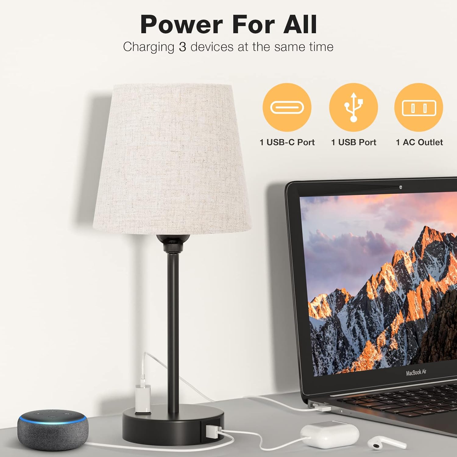 Mini Bedside Lamps for Bedrooms Set of 2 - Nightstand Bedroom Lamps with USB C Port and AC Outlet Charging, Dimmable Touch Small Bed Side Table Lamp, Black Night Stand Light for Kids/Guest Room - Image 2