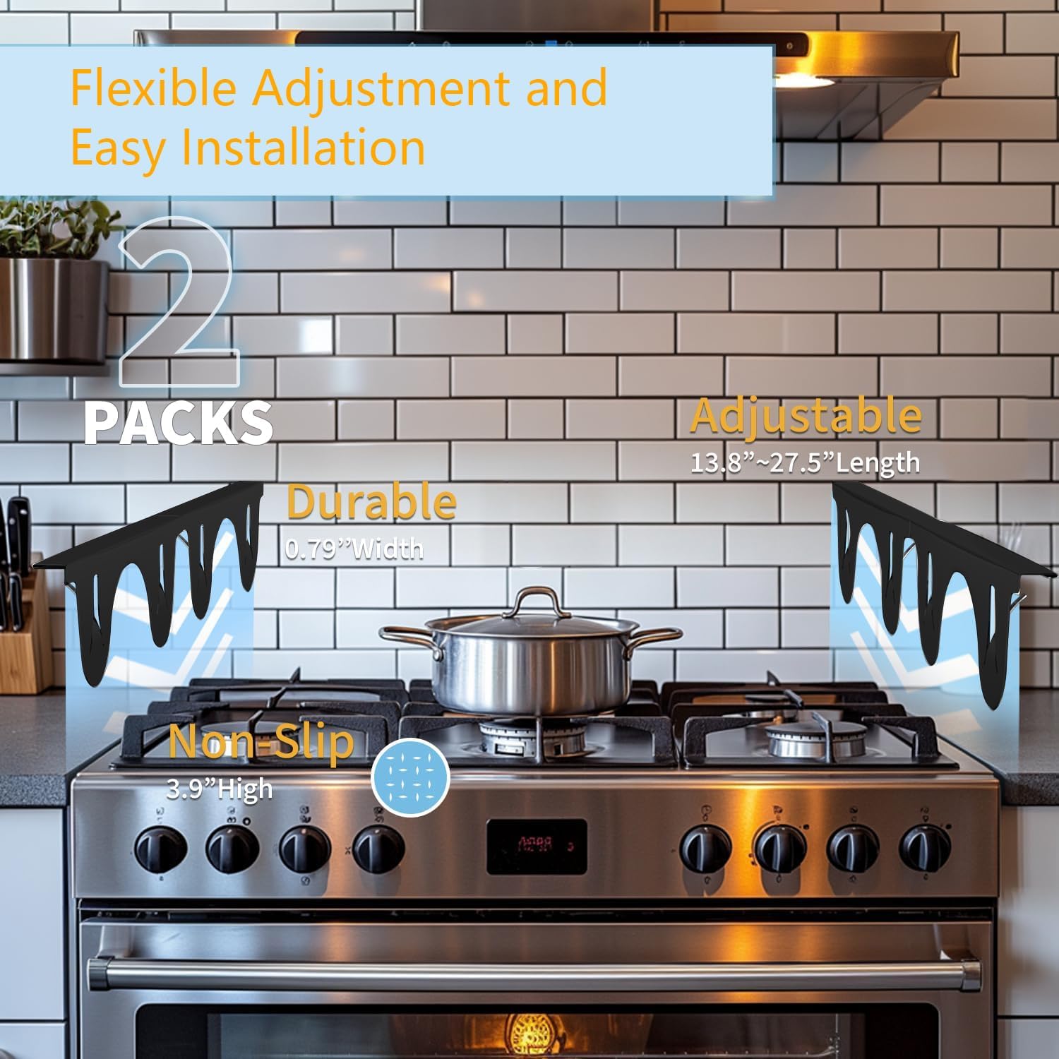 Stainless Steel Stove Gap Covers Filler (2 Pcs), Stove Guard for Kitchen Oven Counter Side Gap, Heat Resistant and Easy to Clean, Easy Retractable Length 13.8" to 27.5" Width 0.79”, (Black) - Image 5