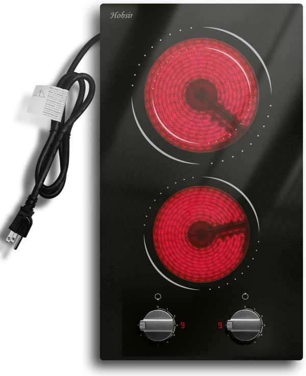 Hobsir 2 Burner Electric Cooktop 110v, Plug in Electric Stove Top, 2000W Electrical Stove Top Burner, 12 Inch Countertop & Built-in Ceramic Cooktop, Knob Control, 9 Power Level
