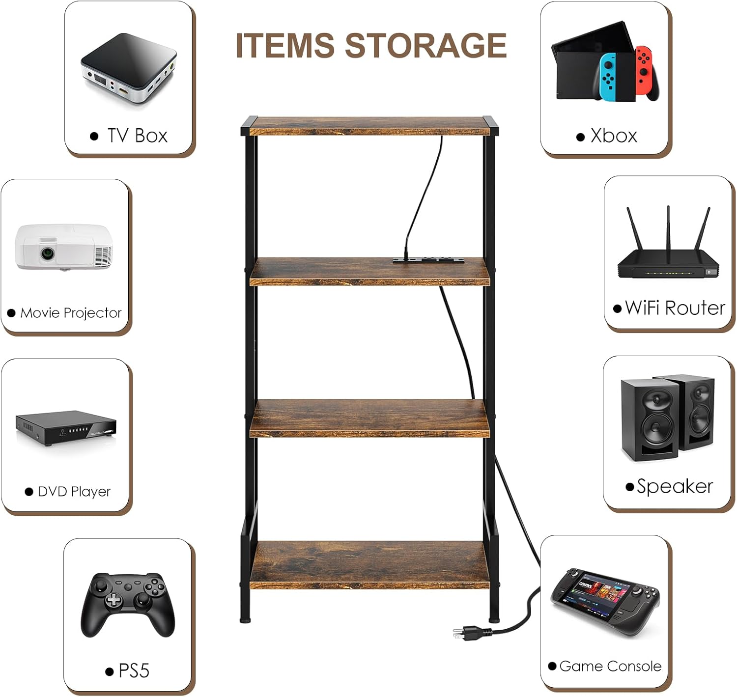 4-Tier AV Media Stand with Power Outlet and LED Lights,Wooden Stereo Stand Cabinet,Game Console Shelf for Small Space,Audio Rack Stand Tower Ideal for Video DVD Players,Xbox - Image 5