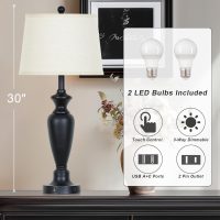 30" Tall Table Lamps Set of 2, Touch Control Bedside Lamp with USB A+C Ports and AC Outlet, 3-Way Dimmable Modern Metal Nightstand Lamp for Bedroom Living Room, 2 LED Bulbs Included, Black - Image 2