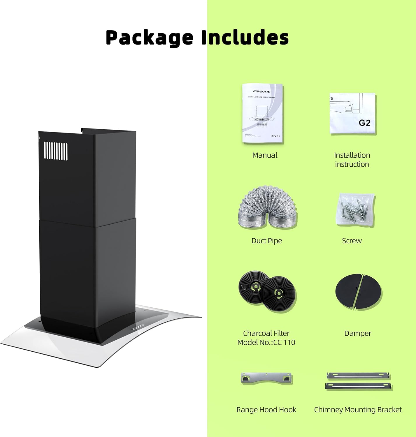 FIREGAS Wall Mount Range Hood 30 inch with 3 Speed Fan,black range hood with tempered glass,400CFM,Push Button Controls, LED Lighting, Permanent Filters in Stainless Steel,includes 2 Charcoal Filters - Image 9