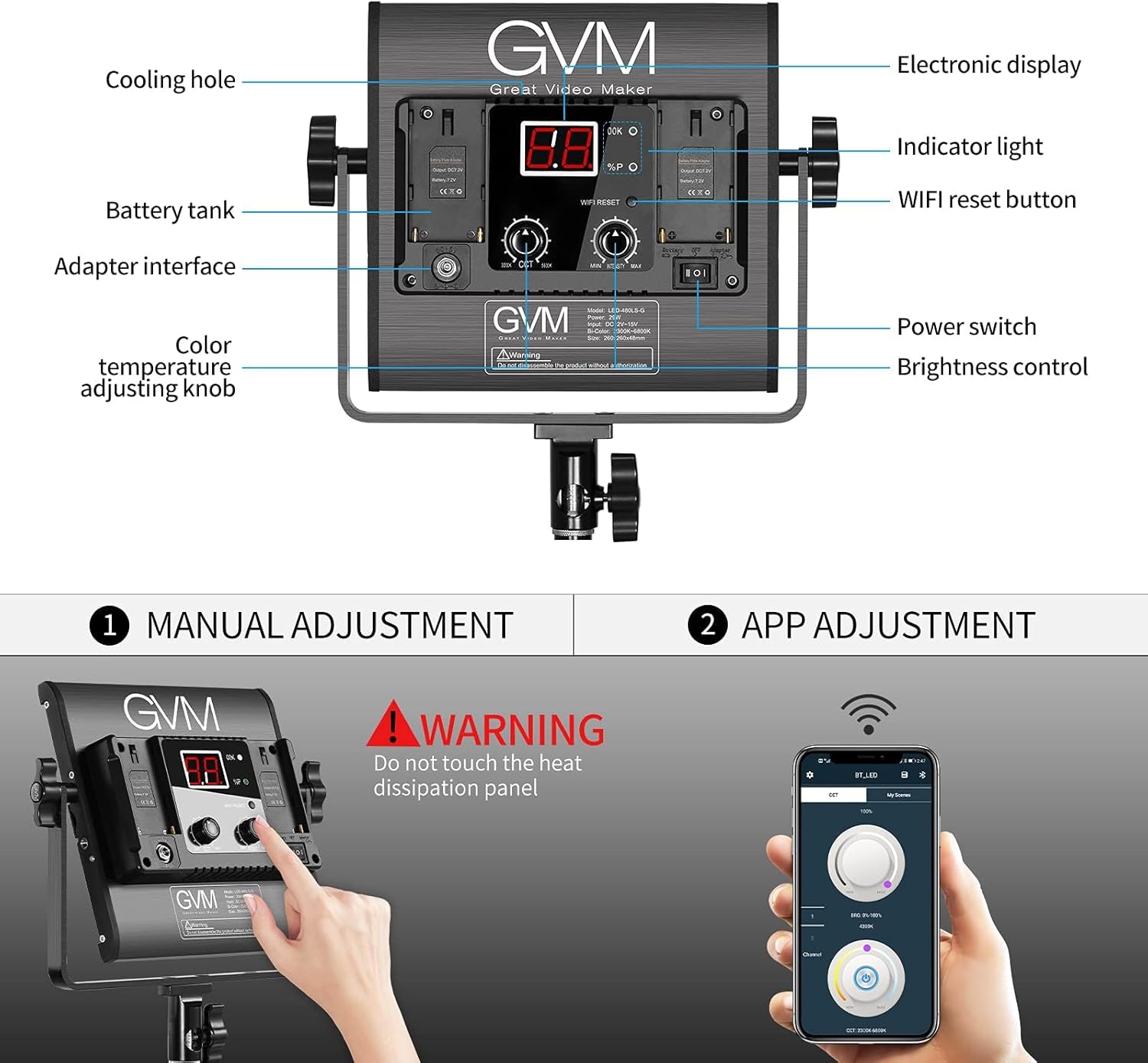 GVM 2 Pack LED Video Lighting Kits with APP Control, Bi-Color Variable 2300K~6800K with Digital Display Brightness of 10~100% for Video Photography, CRI97+ TLCI97 Led Video Light Panel +Barndoor - Image 3
