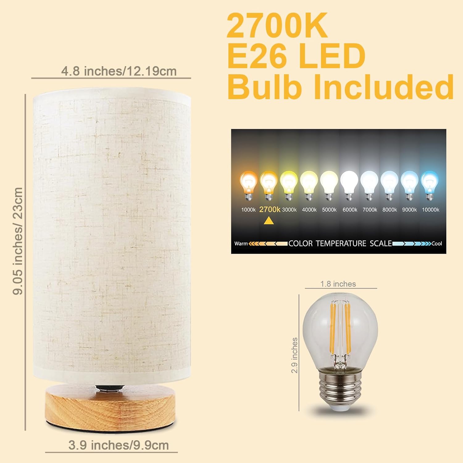 Small Bedside Table Lamp for Bedroom, Minimalist Wood Base & Round Fabric Shade, Mini Cute Cozy Warm White Nightstand Boho Lamp, Study Desk Night Stand Light for Room, Dorm, Nursery, Living Room - Image 3