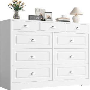 Shintenchi Dresser for Bedroom with 9 Drawers,Double Dresser & Chest of Drawers Wooden Organizer with Metal Handle, Storage TV Stand for Living Room,White