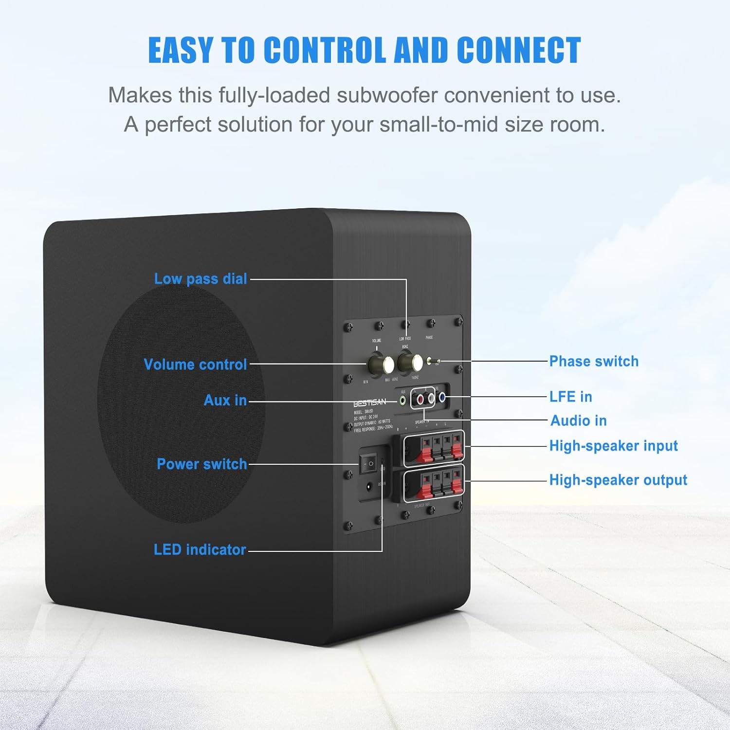 BESTISAN Powered Subwoofer, 6.5'' Side Firing Home Audio Sub, Deep Bass Response Subwoofers, Easy Setup with Home Theater Systems, TV, Speakers, RCA, LFE, AUX Input, High-Level Speaker Input & Output - Image 5