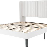 SHA CERLIN Queen Size Velvet Bed Frame with Vertical Channel Tufted Wingback Headboard, Upholstered Platform Bed with Wood Slats, No Box Spring Needed, Easy Assembly, White - Image 8