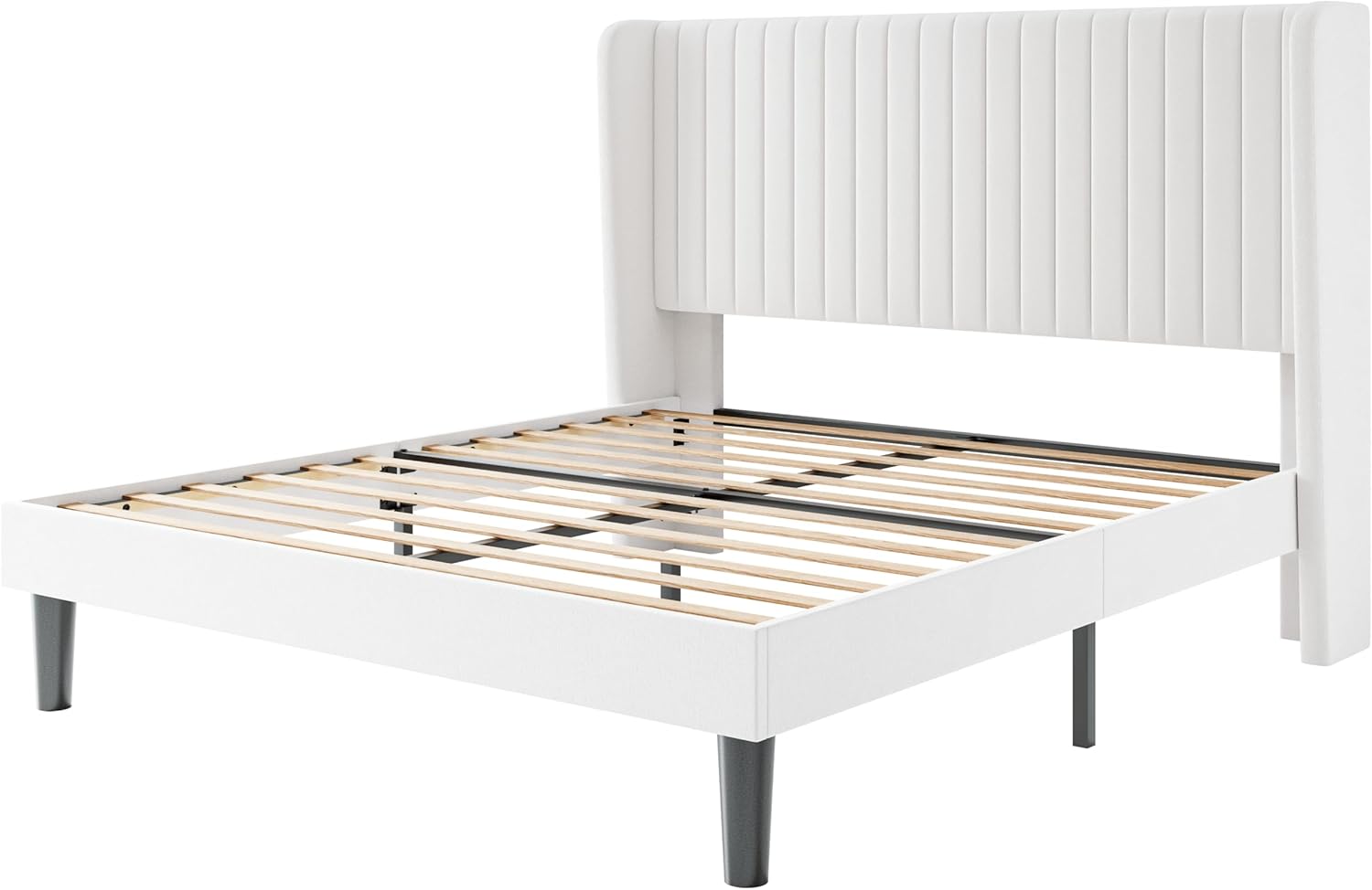 SHA CERLIN Queen Size Velvet Bed Frame with Vertical Channel Tufted Wingback Headboard, Upholstered Platform Bed with Wood Slats, No Box Spring Needed, Easy Assembly, White - Image 8