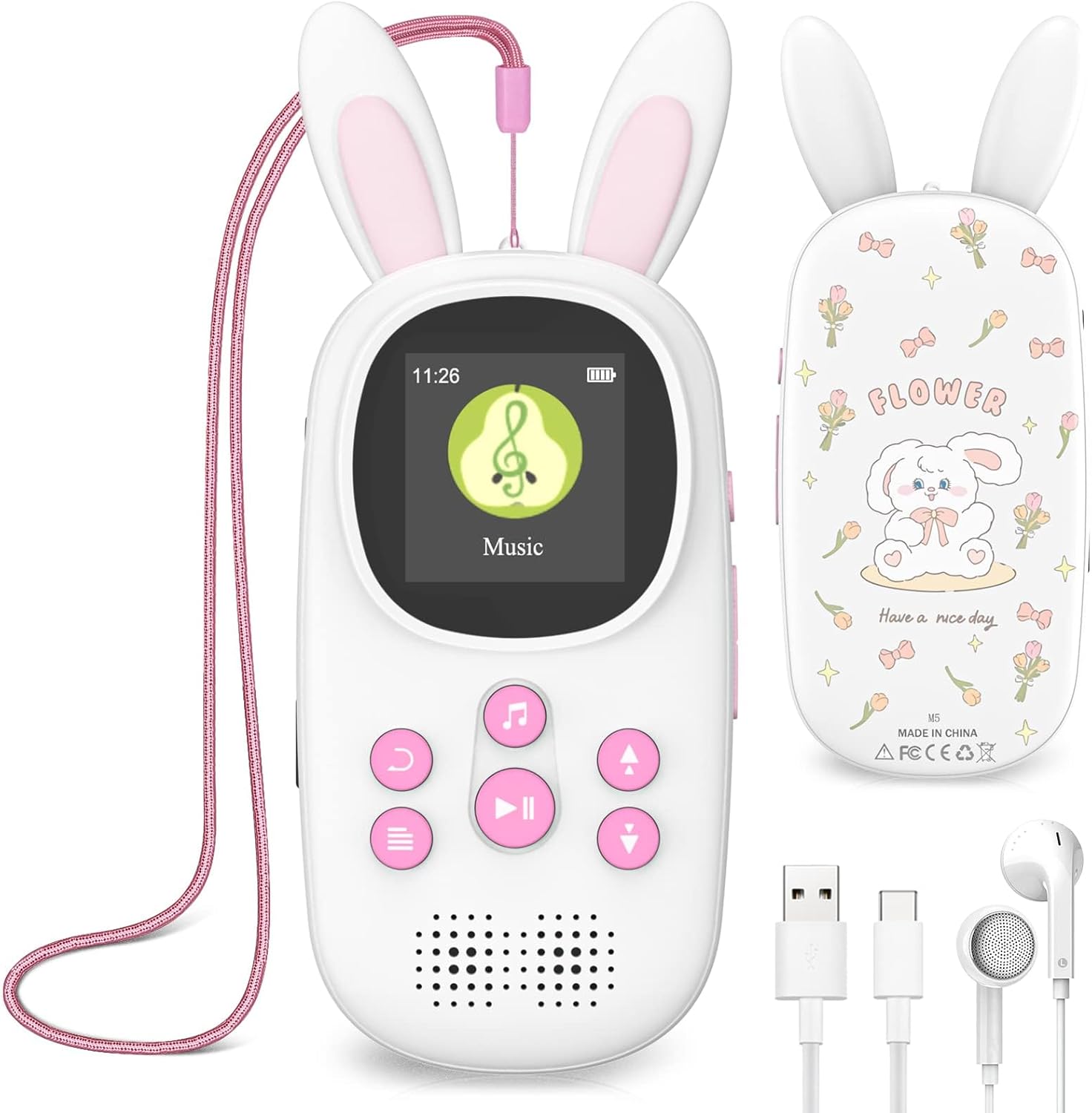 32GB MP3 Music Player for Kids, Cute Bunny Kids Music MP3 Player with Bluetooth, MP3 & MP4 Players with Speaker, MP3 Player with FM Radio, Recordings, Alarm, Pedometer, Stopwatch, Support up to 128GB