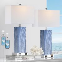 Touch Control Table Lamps with White Fabric Shade Set of 2, 3-Way Dimmable Modern Ceramic Blue Nightstand Bedside Lamp with 2 USB Ports 1 AC Outlet for Living Room, Bedroom (LED Bulbs Included) - Image 7