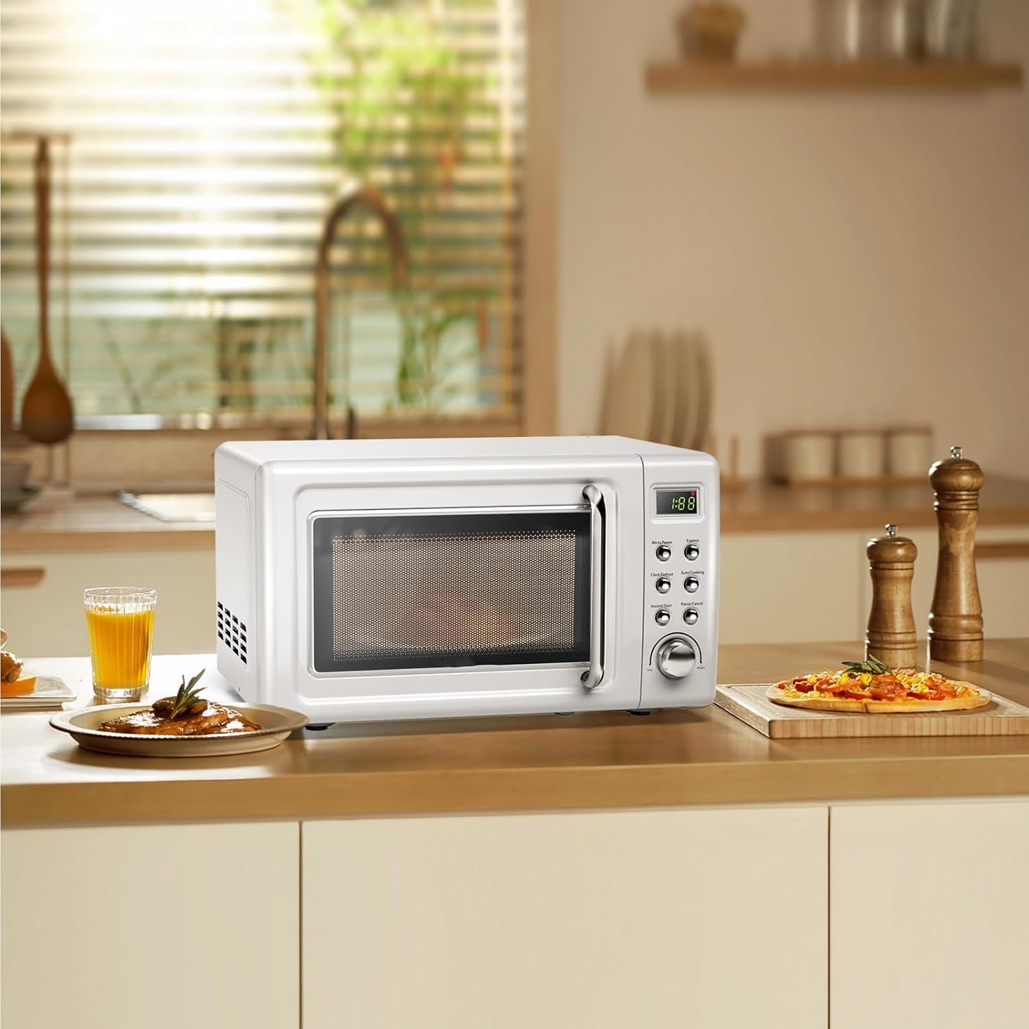 LDAILY 0.7Cu.ft Retro Small Microwave Oven, 700W Compact Countertop Microwave with 5 Power Levels, Auto Cooking Menus, Glass Turntable, Child Lock & Glass Turntable for Apartment, Dorm (White) - Image 8