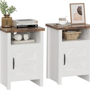 YESHOMY Farmhouse Modern Nightstand with Shelf and Barn Door, Set of 2 for Bedroom, White