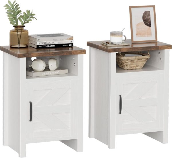 YESHOMY Farmhouse Modern Nightstand with Shelf and Barn Door, Set of 2 for Bedroom, White