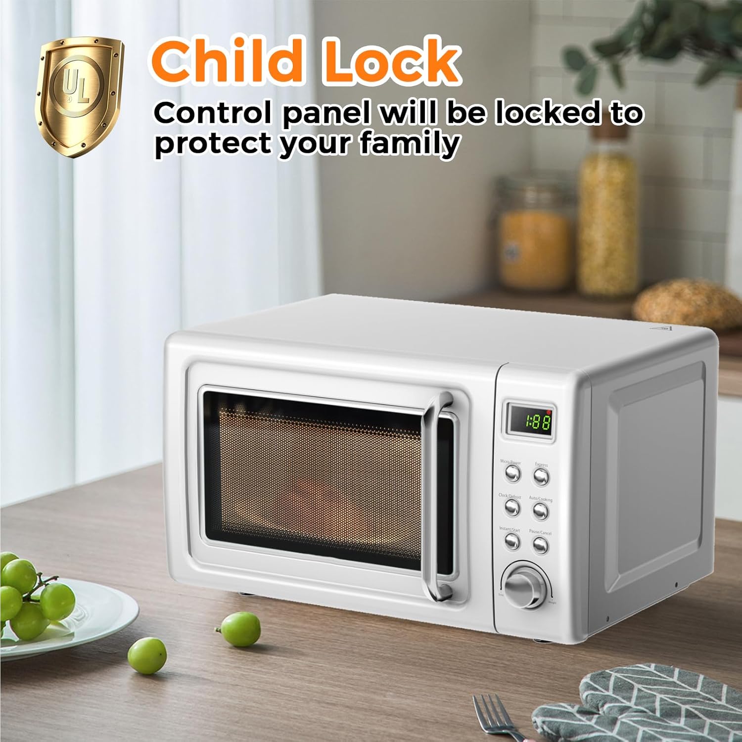 LDAILY 0.7Cu.ft Retro Small Microwave Oven, 700W Compact Countertop Microwave with 5 Power Levels, Auto Cooking Menus, Glass Turntable, Child Lock & Glass Turntable for Apartment, Dorm (White) - Image 5