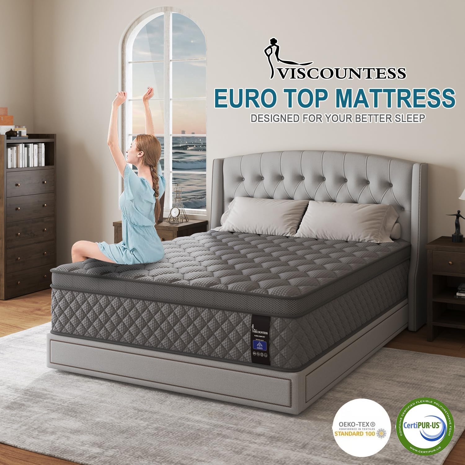 Full Mattress, 14 Inch Hybrid Mattresses Grey Euro Top Medium Firm for Back & Lumbar Support, 100 Night Trial, Individual Pocket Spring Bed for Motion Isolation & Pressure Relief - Image 2