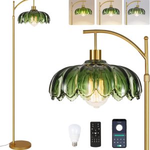 Glass Floor Lamp for Living Room,Bedroom,Gold Dimmable Standing Lamp with Remote,Mid Century Modern Brass Tall Lamp Boho Vintage Retro Floor Lamps Arc Green Flower Floor Light Lamp Bohemian