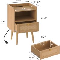 Night stand Set of 2, Bedside Tables with Charging Station, Rattan End Tables, Boho Bed Side Tables, Wood Nightstands set of 2 for Kids' Room Farmhouse Bedroom Living Room Dorm Sofa Couch (Natural) - Image 3