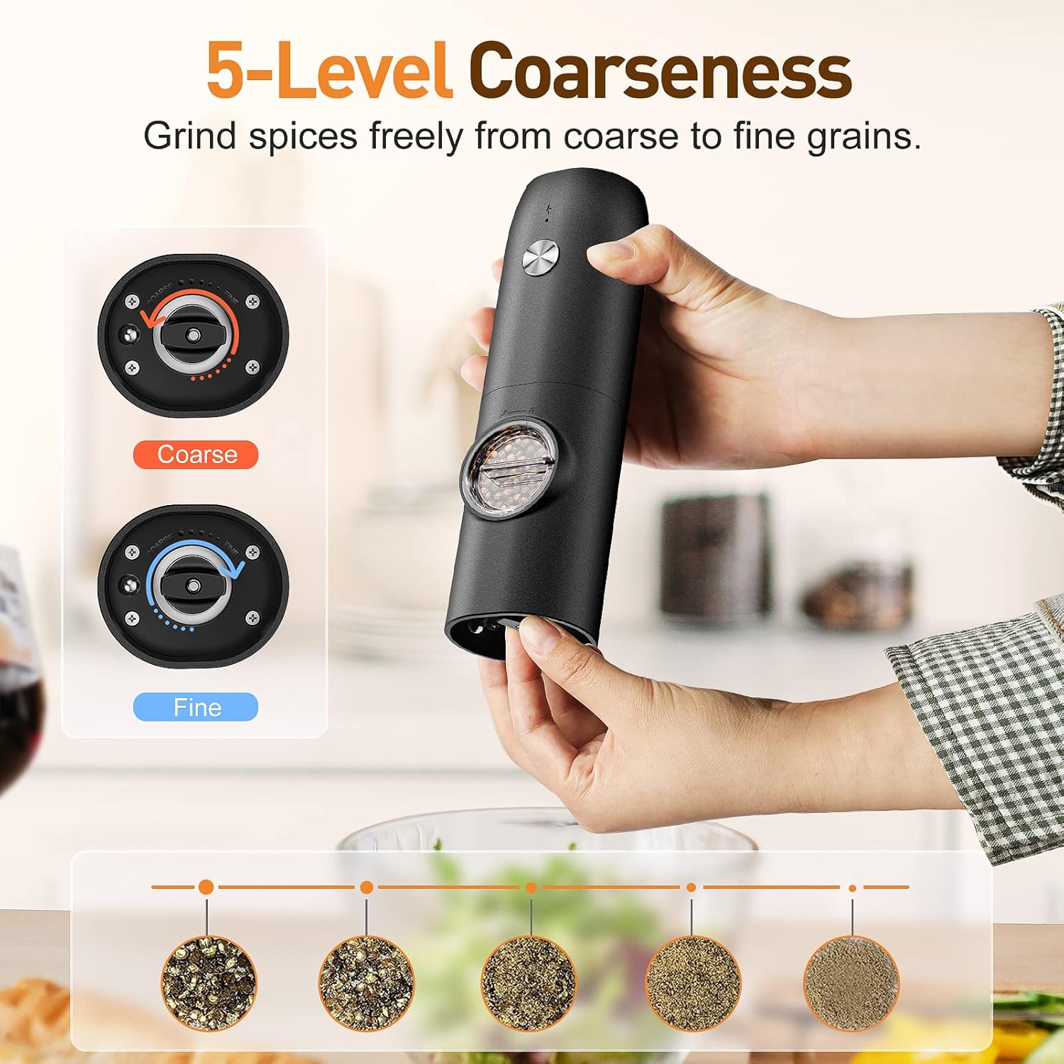 Electric Salt and Pepper Grinder Set:Rechargeable Automatic Pepper Mill Grinder with LED House Warming Gifts New Home, USB Adjustable Coarseness shakers, One-Hand Operation for Kitchen Appliances - Image 4