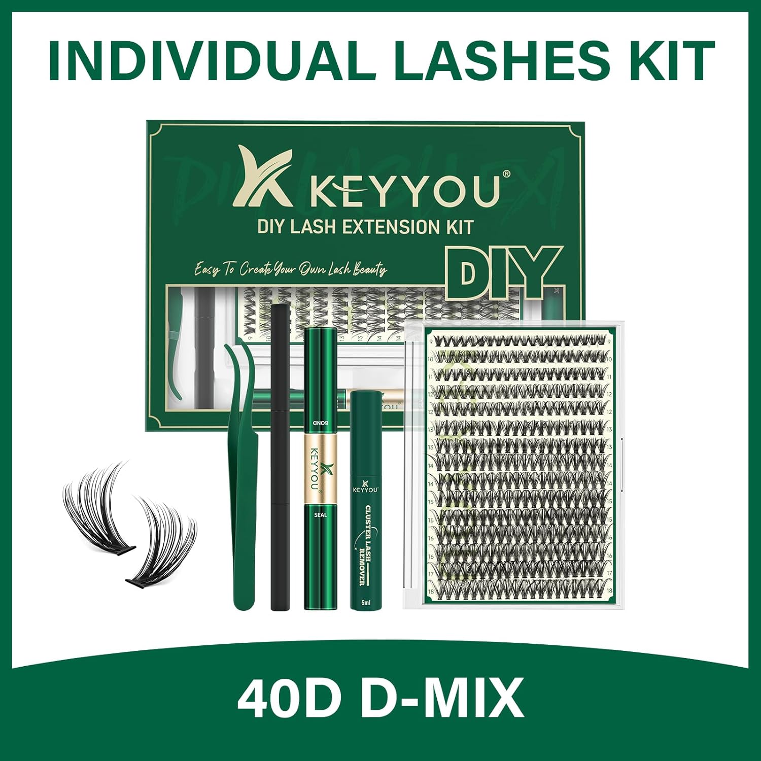 KEYYOU Lash Extension Kit DIY 300Pcs Lash Clusters Eyelash Extension Kit 40D 0.07 D Curl 9-18MIX Lash Clusters Kit with Lash Glue Remover Applicator Easy to Use for Beginners(Kit,40D-D,9-18MIX) - Image 8