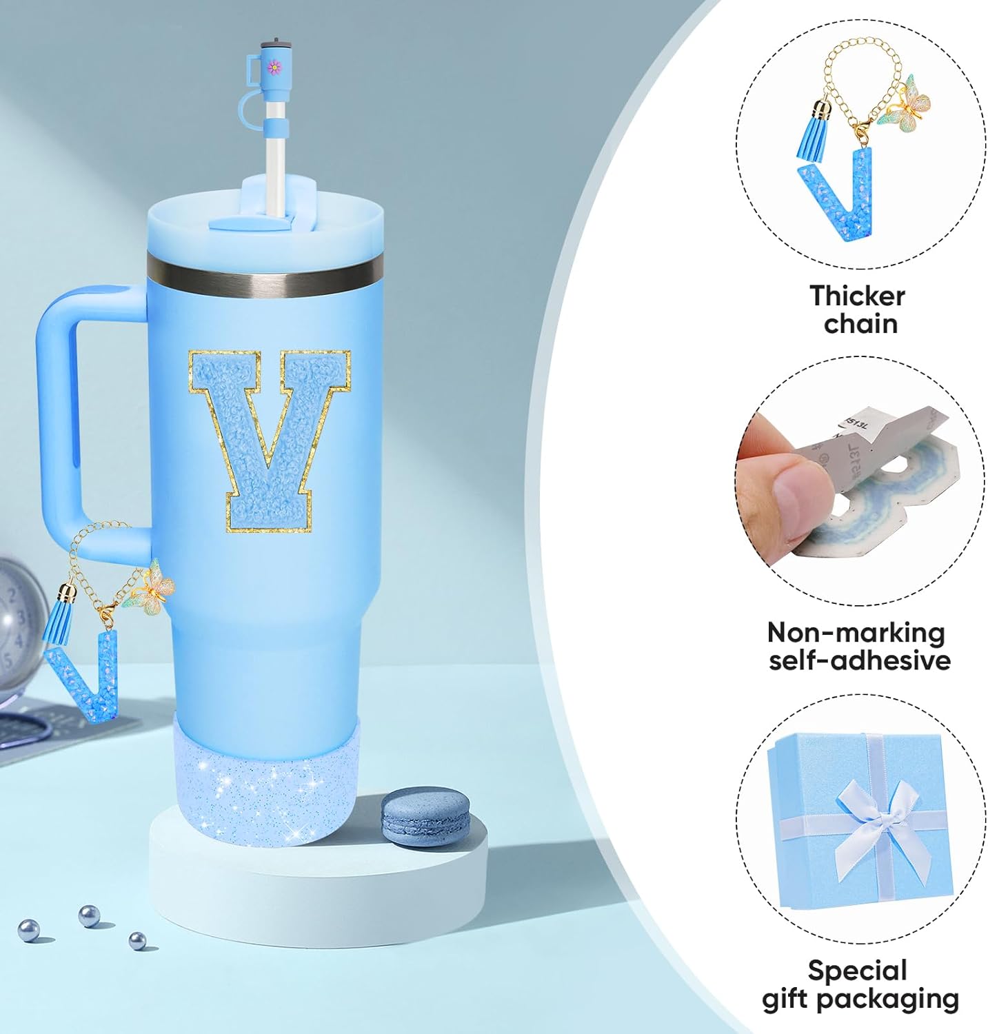 Blue Accessories for Stanley Cup Accessories 30OZ 40OZ, All Accessories Gift Box Contain Flower Straw Topper, Sillicone Boot, Letter Stickers and Pendants,Spill Stopper Set (Blue V) - Image 5