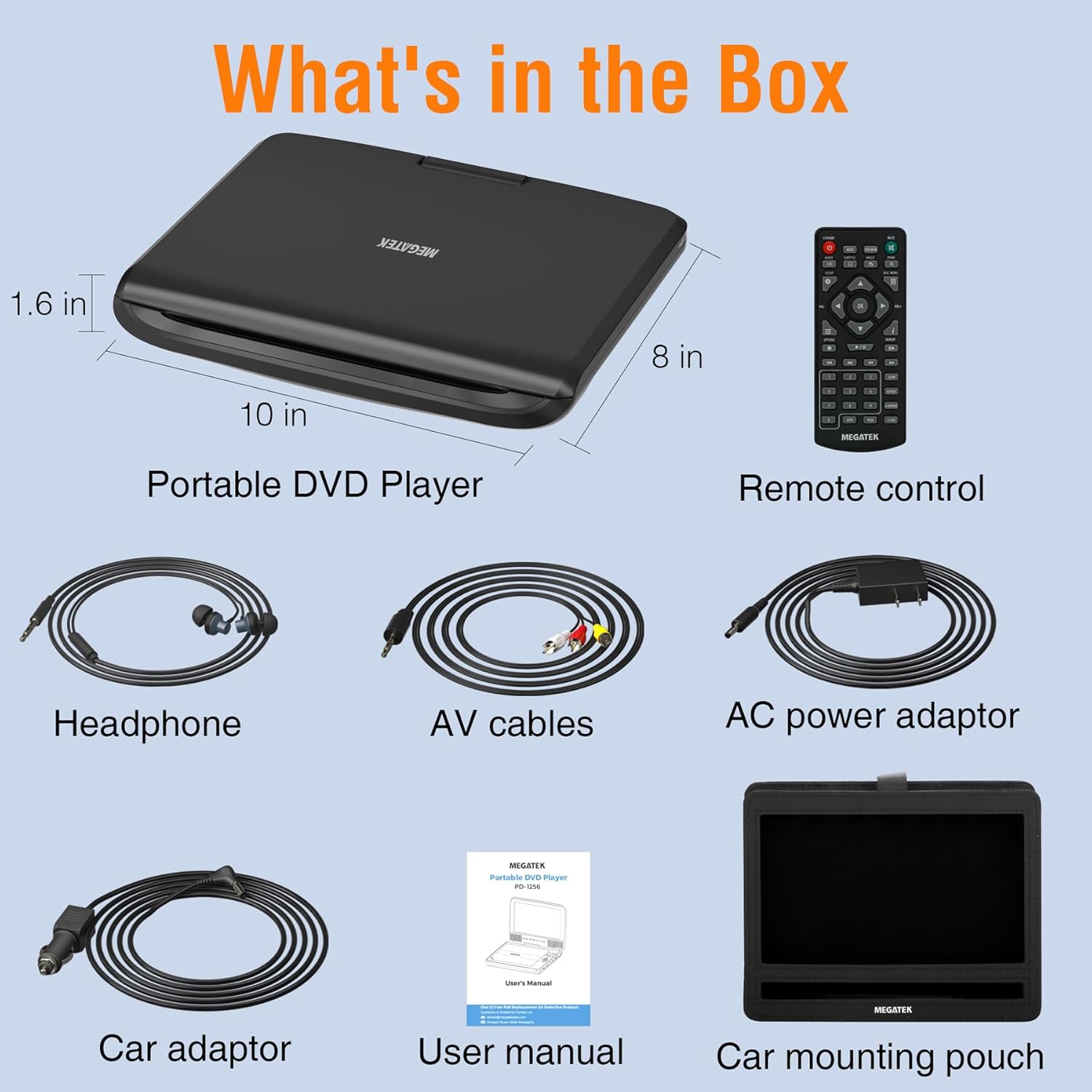 MEGATEK 12.5" Portable DVD Player with 10.5" Screen & Headphones, Car DVD Player for Kids with Headrest Mount, 6-Hour Battery, Supports CD/DVD/USB/SD Card, Remote - Black - Image 9