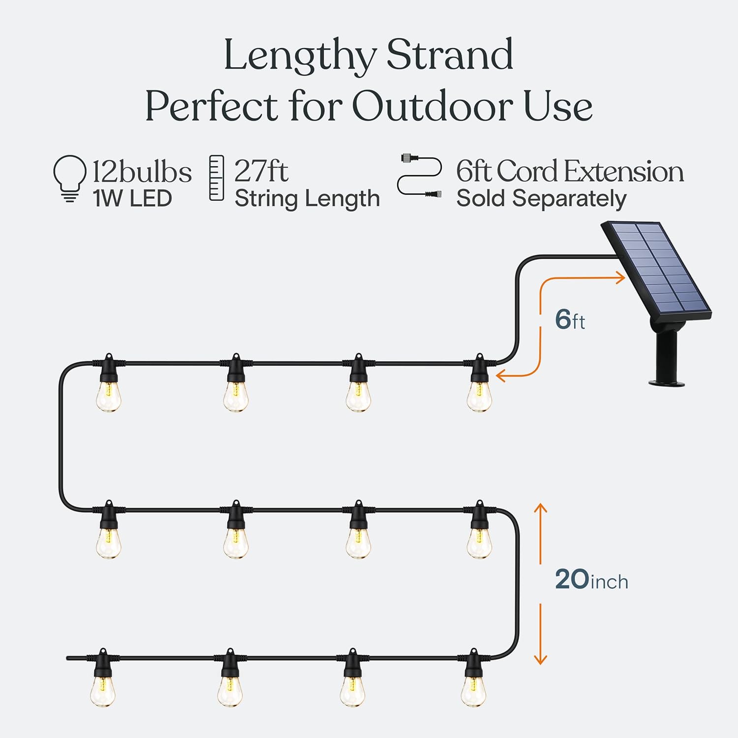 Brightech Ambience Pro Solar Powered Outdoor String Lights -27 ft Commercial Grade Waterproof Edison Patio Lights, Shatterproof LED String Lights for Outside, Porch - 12 Bulbs, 1W Soft White - Image 4